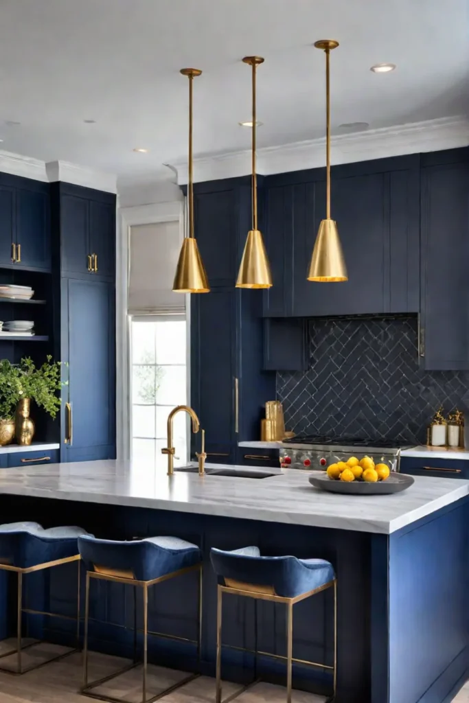 Modern kitchen island with blue cabinets and gold accents