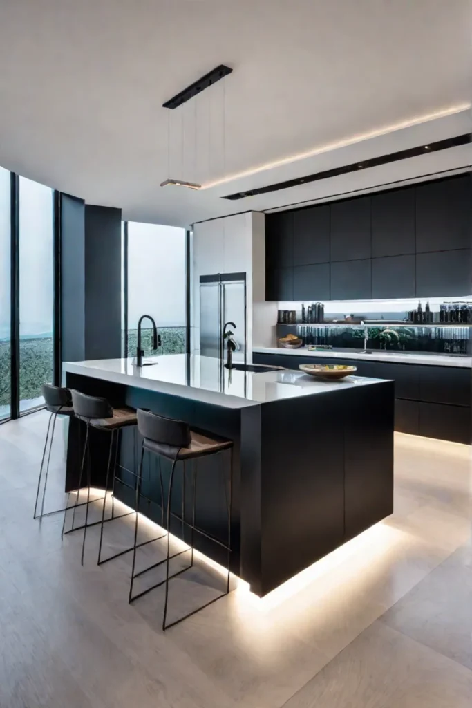Modern kitchen island with mirrored backsplash and highend appliances