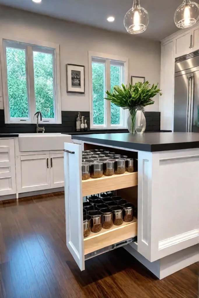 Pullout shelves and spice racks neatly organizing kitchen essentials