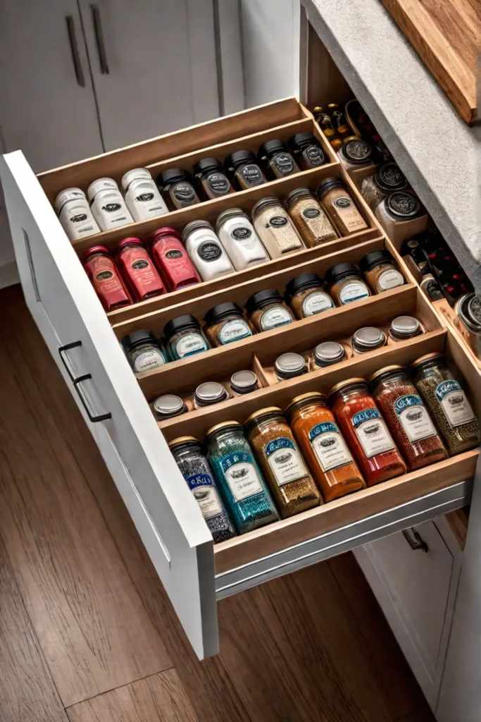 Pullout spice rack filled with neatly arranged spice jars