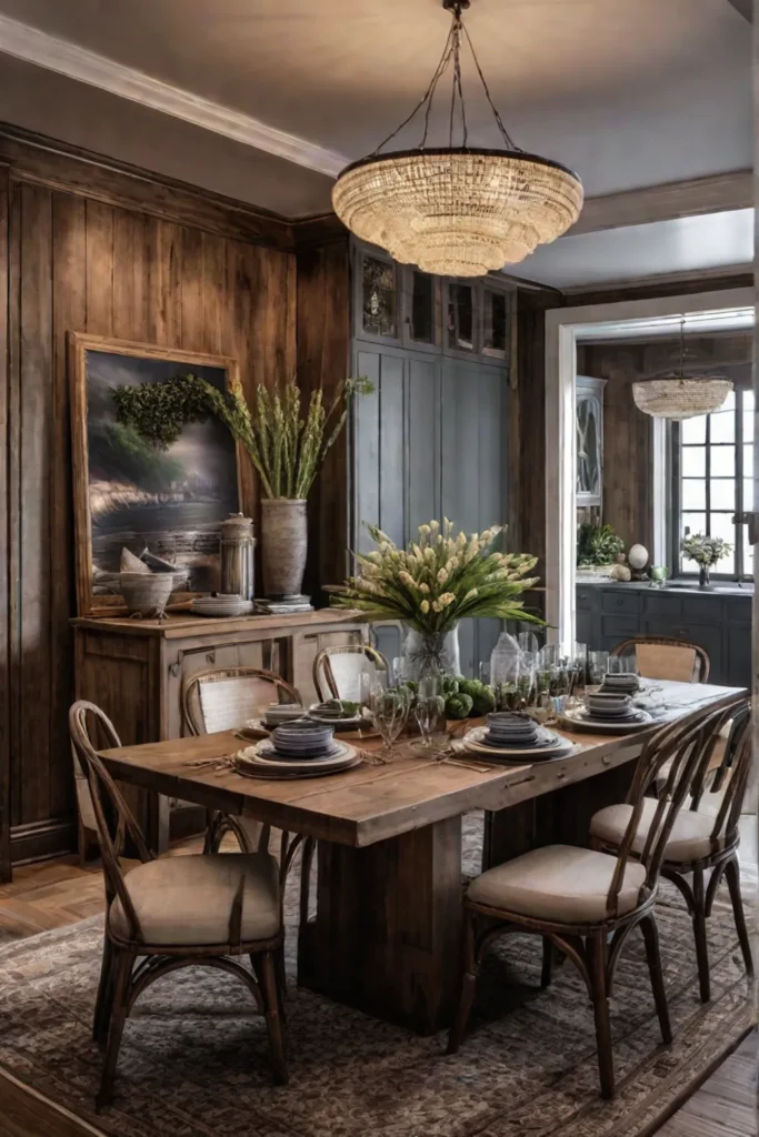 Rustic dining room with a wooden accent wall displaying vintage plates and baskets