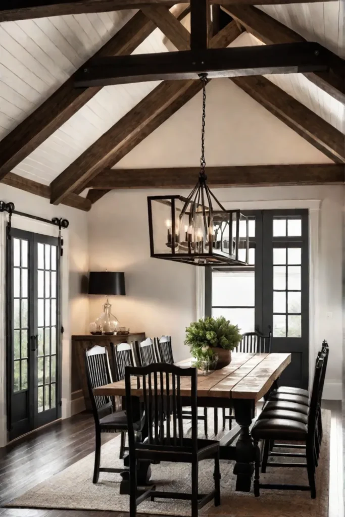 Rustic dining room with iron chandelier and farmhouse table