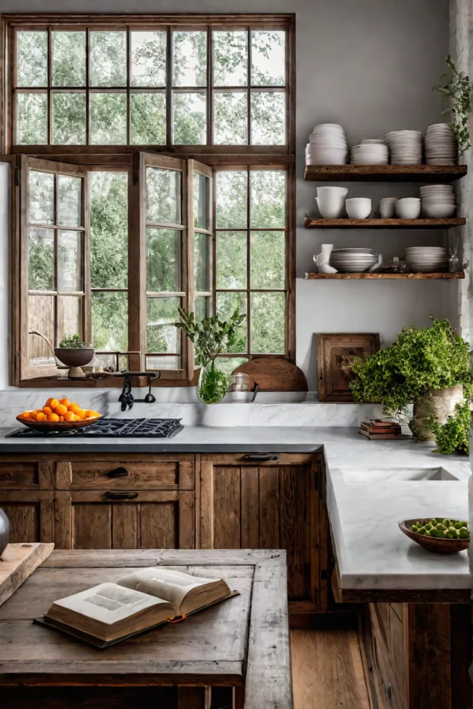 Rustic kitchen island with open shelving displaying cookbooks and pottery