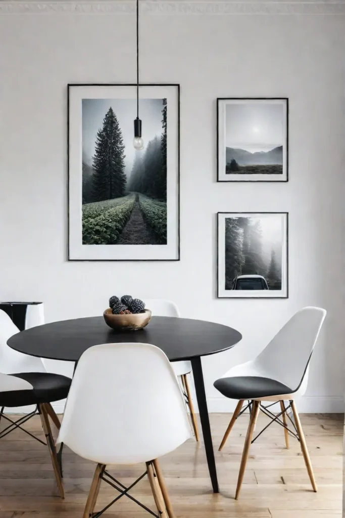 Scandinavian dining room with minimalist wall decor and black and white photographs