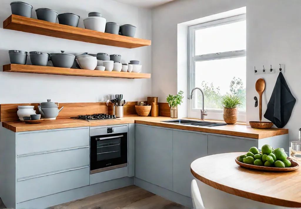 A bright and airy tiny kitchen showcasing minimalist design with strategic storagefeat