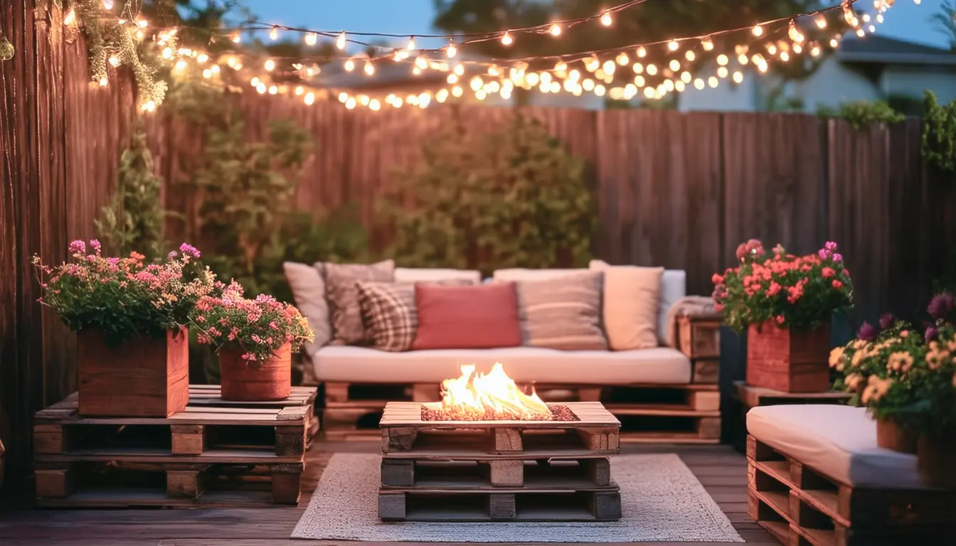 A charming backyard oasis featuring a pallet sofa adorned with comfy cushions