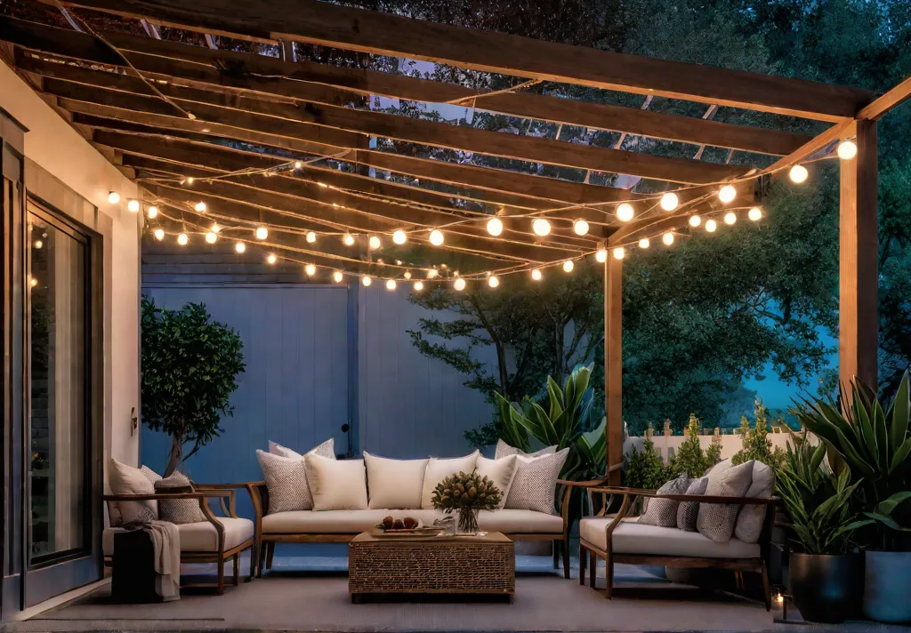 A charming backyard patio illuminated with warm string lights strung overhead creatingfeat