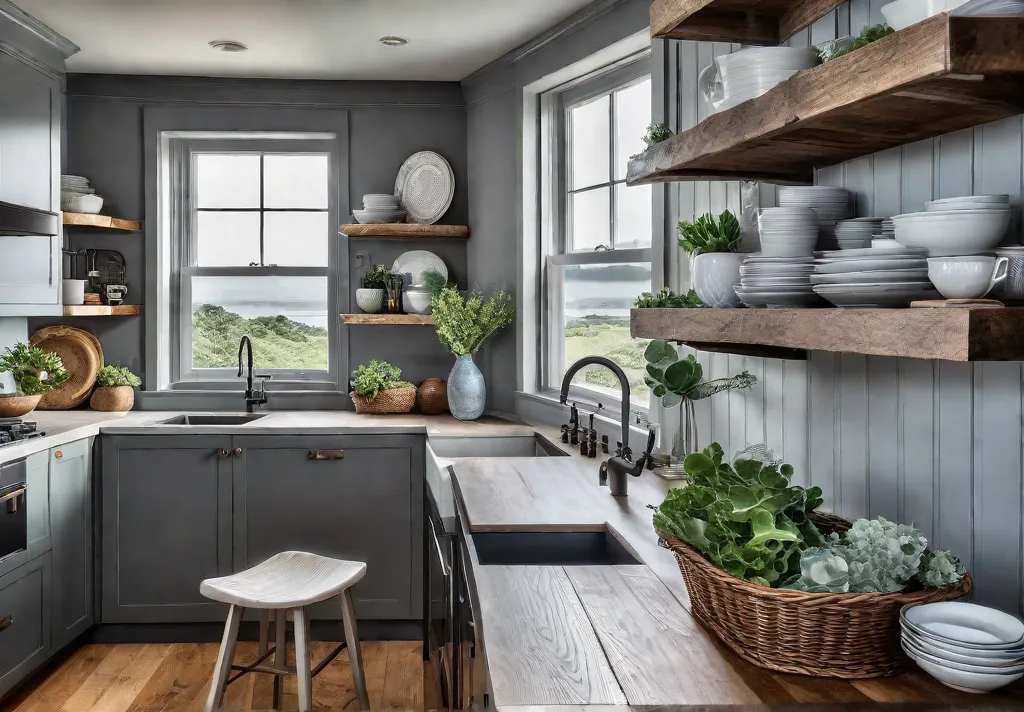A charming compact farmhouse kitchen bathed in natural light Open shelves displayfeat