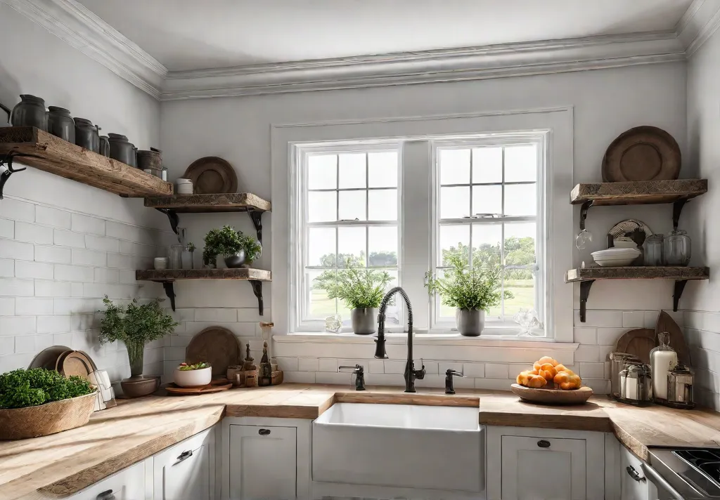 A charming farmhouse kitchen filled with reclaimed wood accents creating a warmfeat