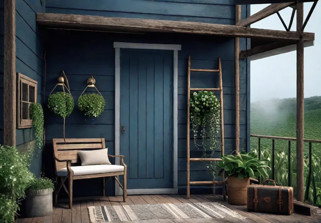 A charming porch with a repurposed vintage ladder adorned with trailing plantsfeat