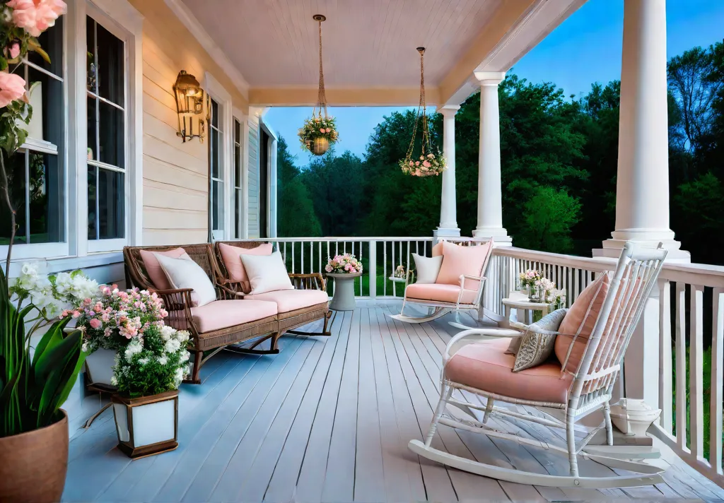 A charming porch with neutralcolored rocking chairs and a porch swing adornedfeat