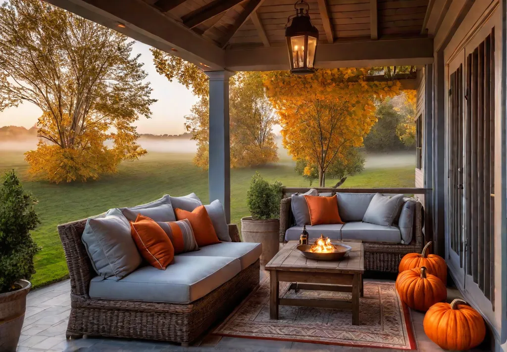 A cozy autumn porch bathed in the warm glow of sunset decoratedfeat