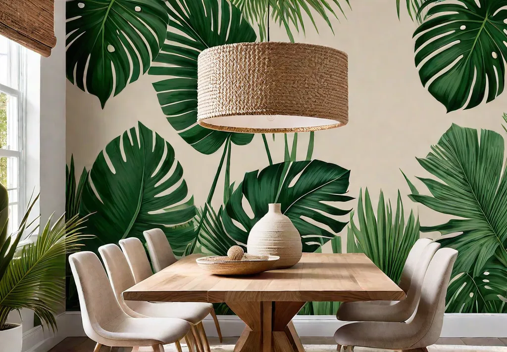 A cozy dining room featuring a botanicalthemed removable wallpaper accent wall showcasingfeat