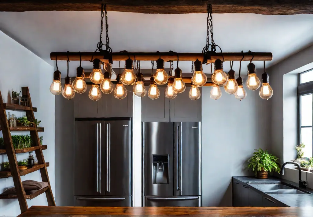 A cozy kitchen illuminated with warm energyefficient LED Edison bulbs hanging fromfeat