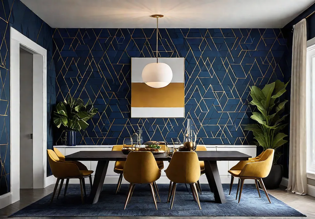 A dining room adorned with geometric wallpaper in a sleek modern stylefeat