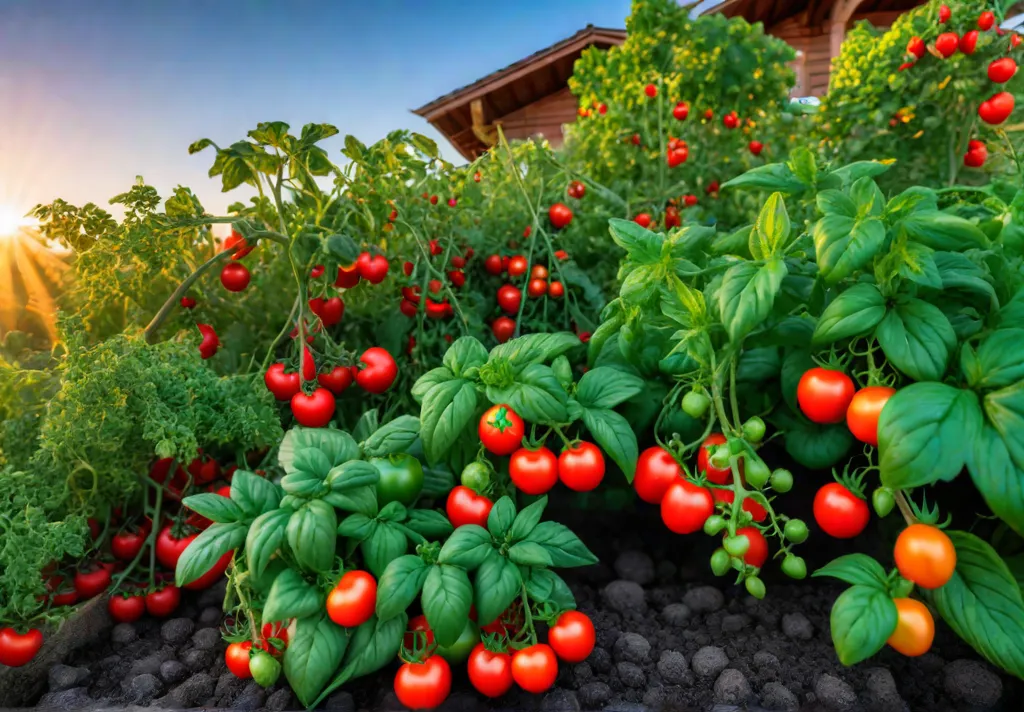A lush backyard garden overflowing with ripe tomatoes vibrant peppers juicy strawberriesfeat