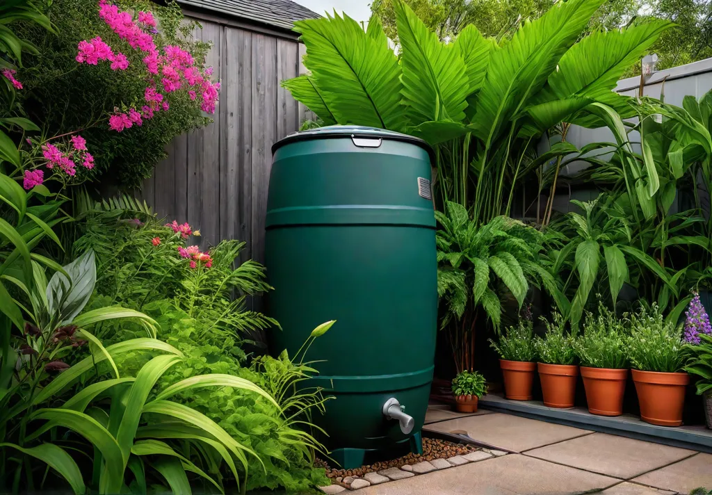 A lush green backyard with a modern rain barrel collecting water fromfeat
