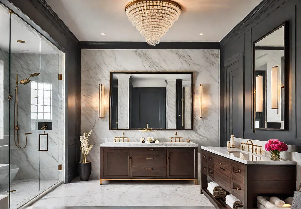 A luxurious bathroom with a freestanding tub illuminated by a statement chandelierfeat