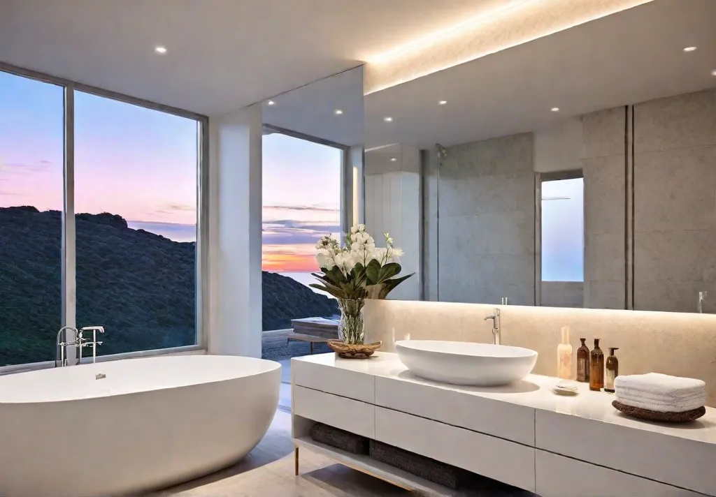 A luxurious spalike bathroom bathed in the soft warm glow of sunsetfeat