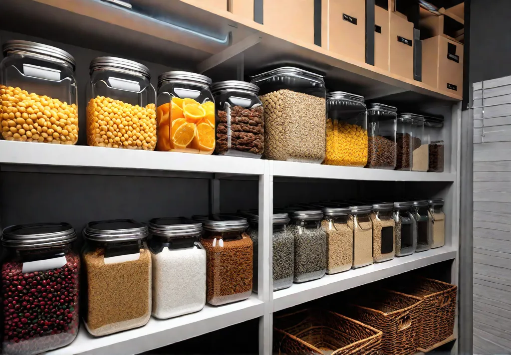 A meticulously organized pantry with labeled glass jars filled with various dryfeat