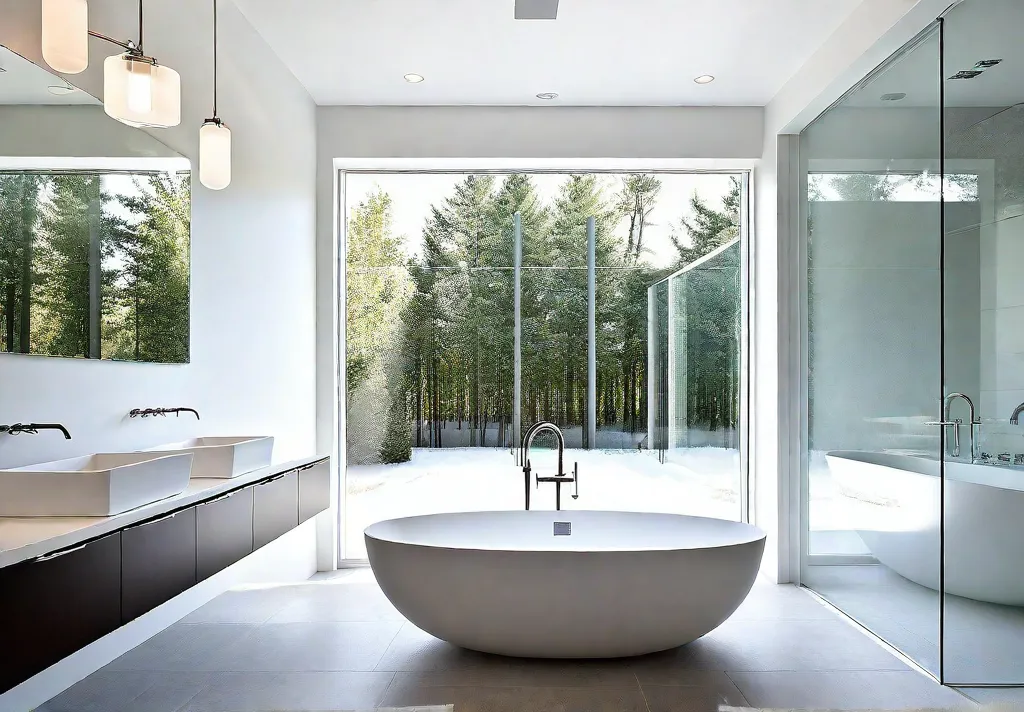 A minimalist bathroom bathed in natural sunlight streaming through a large frostedfeat