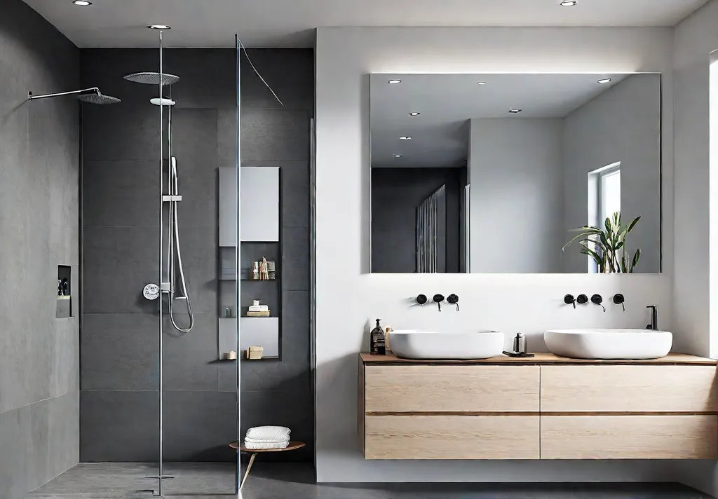 A minimalist bathroom bathed in soft natural light with a floating vanityfeat