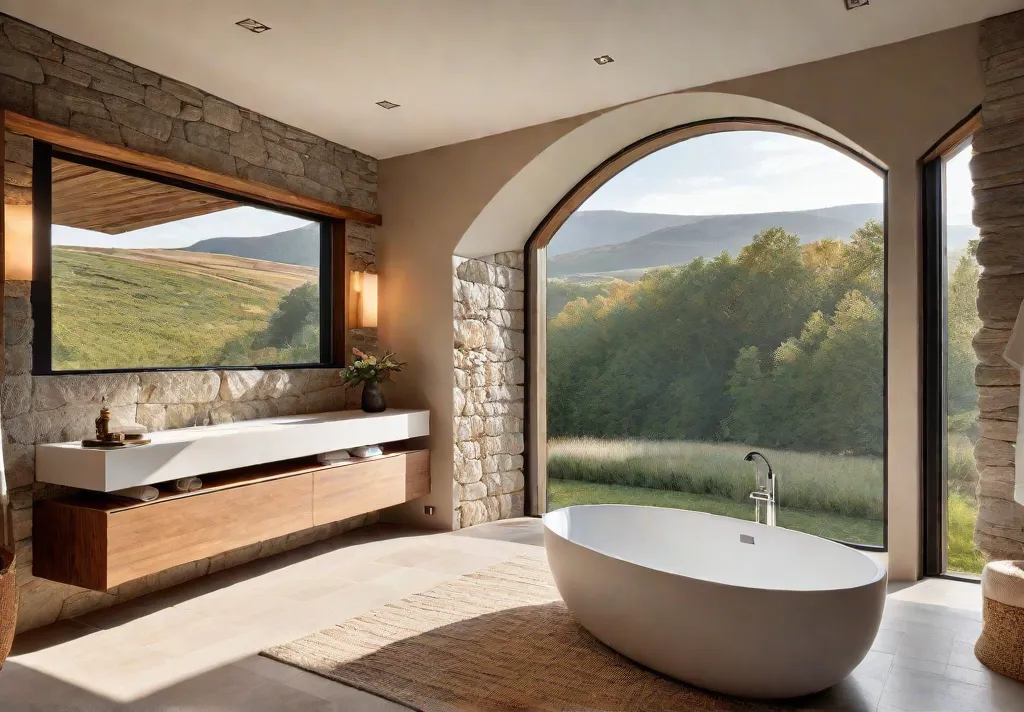A minimalist bathroom with a freestanding bathtub beside a large window overlookingfeat