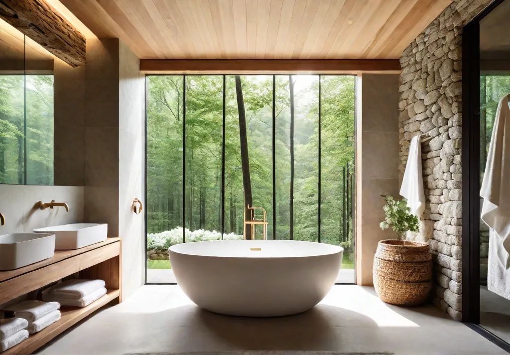 A minimalist bathroom with a large window offering a view of afeat