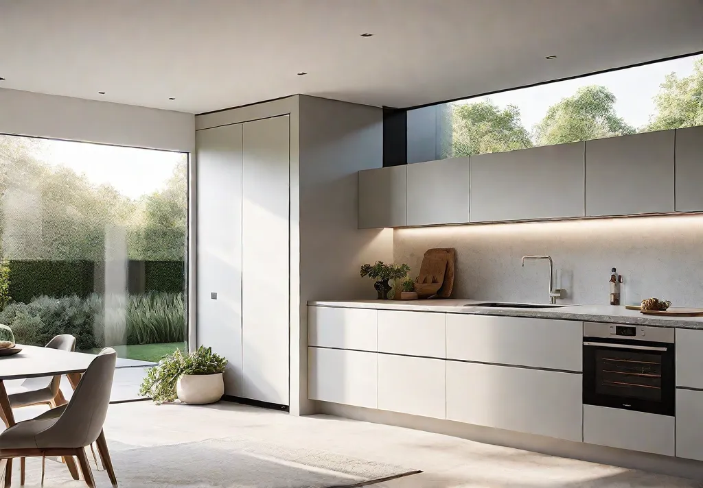 A minimalist kitchen with clean lines handleless white cabinets integrated appliances andfeat