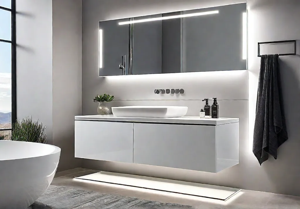 A modern bathroom vanity with a sleek LED mirror illuminating the spacefeat