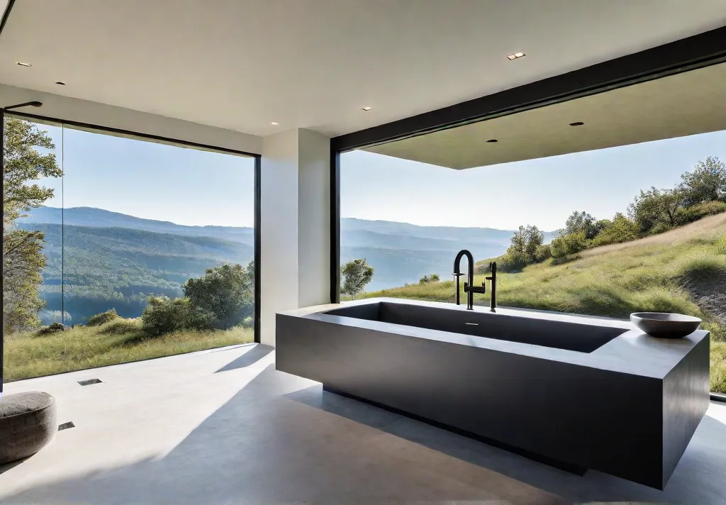 A modern bathroom with a freestanding bathtub placed centrally surrounded by largefeat