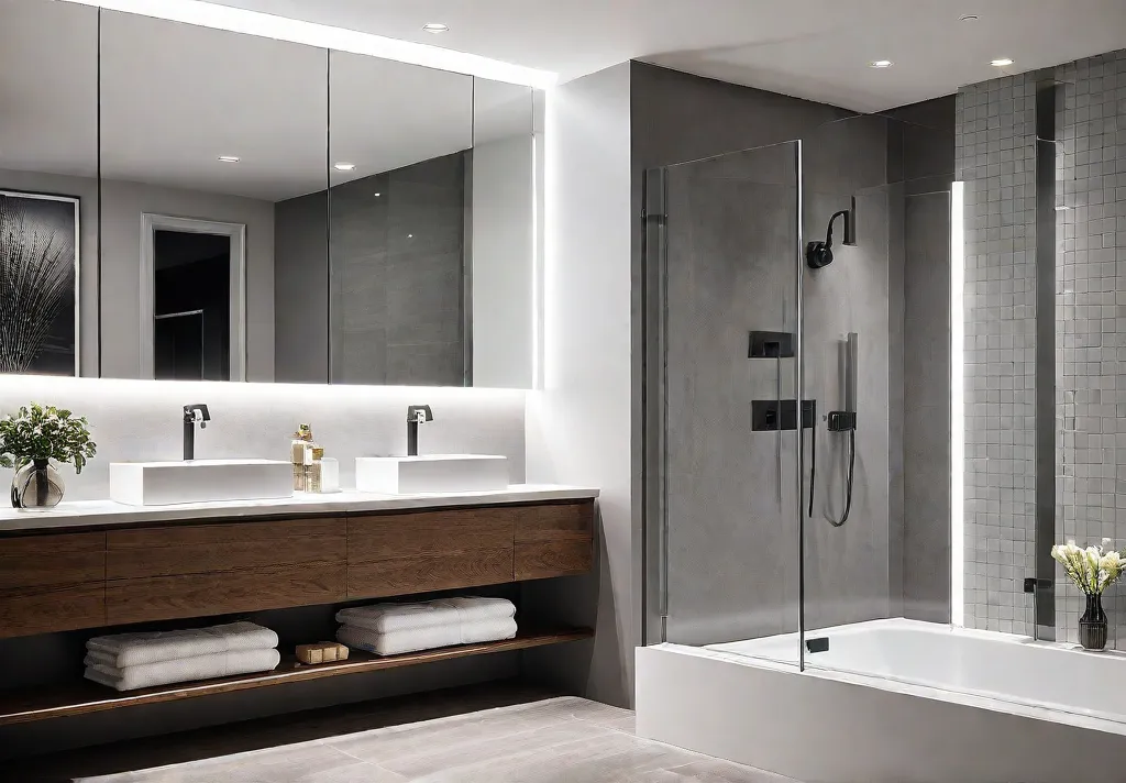 A modern bathroom with a mix of ambient task and accent lightingfeat