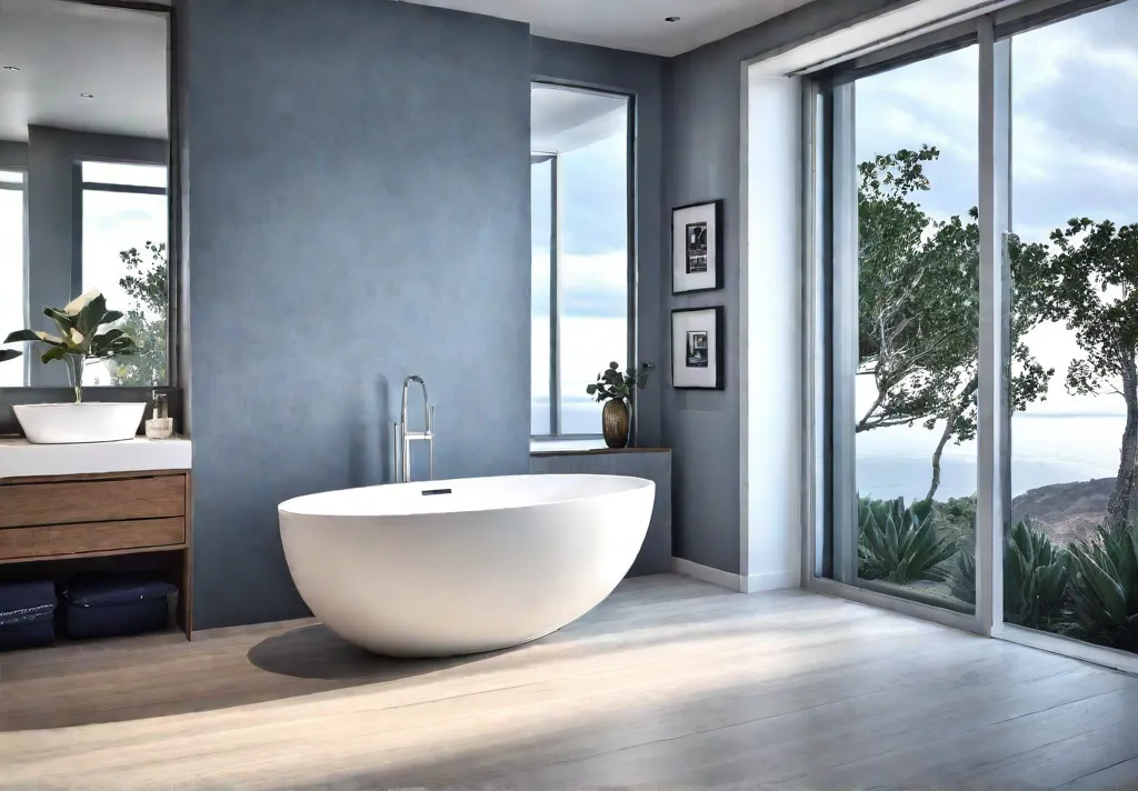 A modern coastal bathroom flooded with natural light featuring clean lines afeat