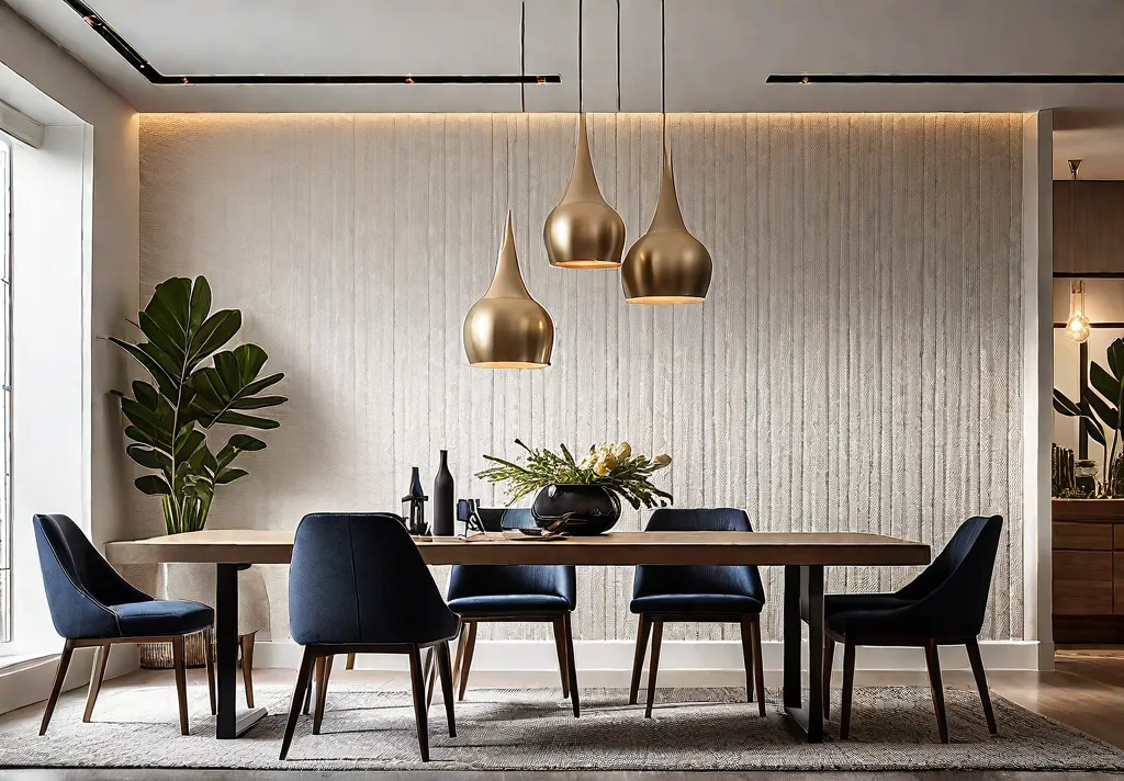 A modern dining room with an accent wall featuring paintable textured wallpaperfeat