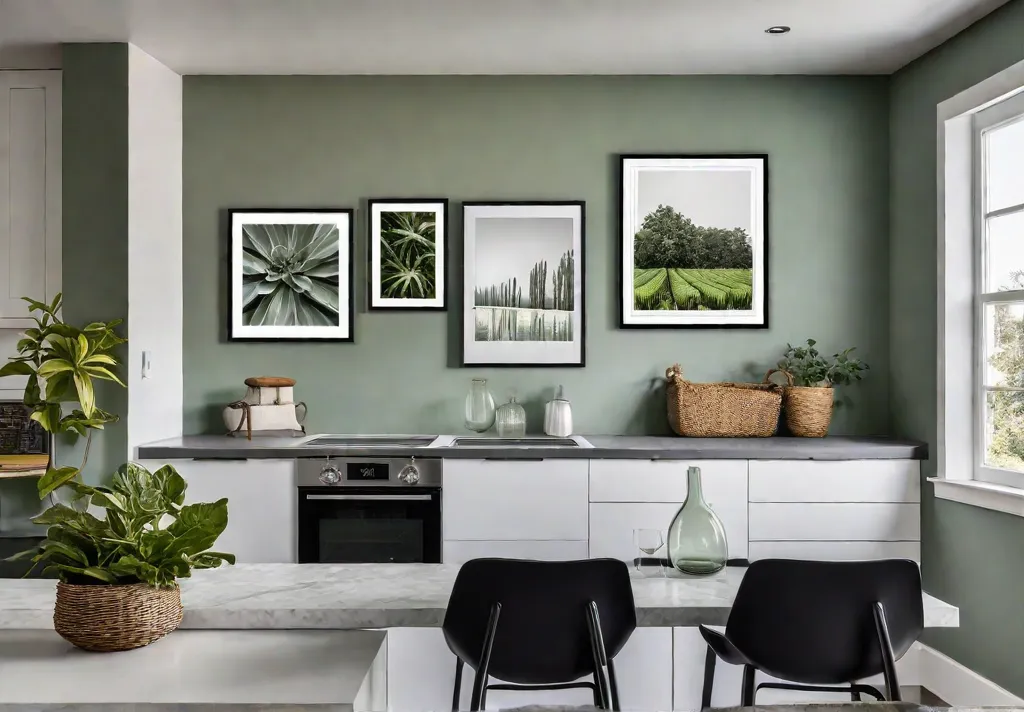 A modern farmhouse kitchen with a gallery wall featuring a mix offeat