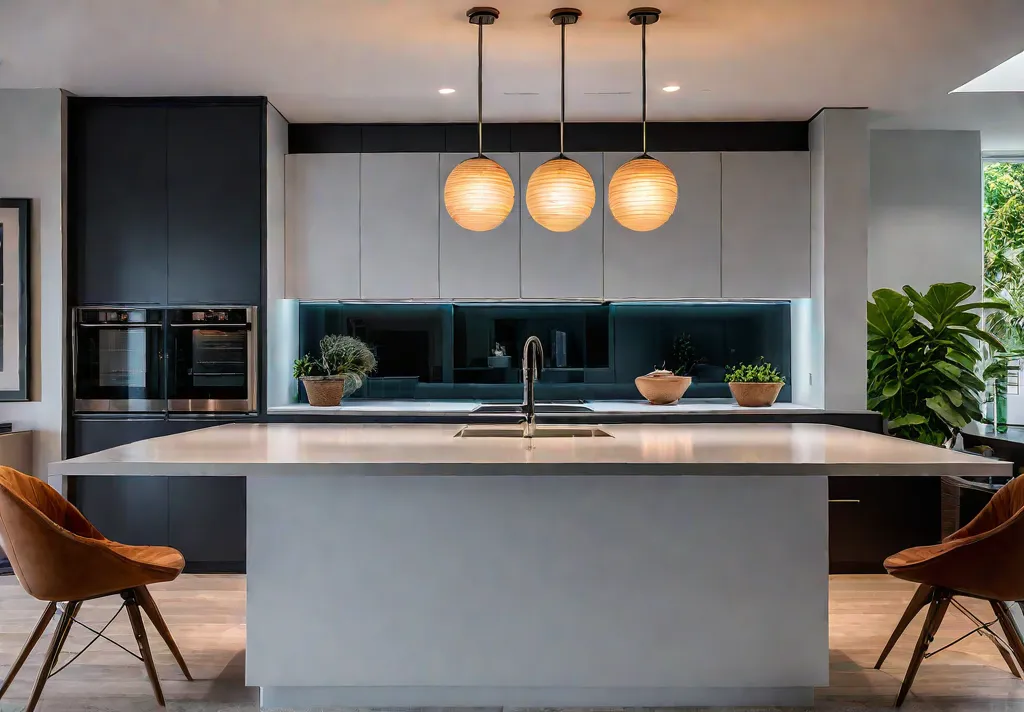 A modern kitchen bathed in warm inviting light Task lighting illuminates thefeat