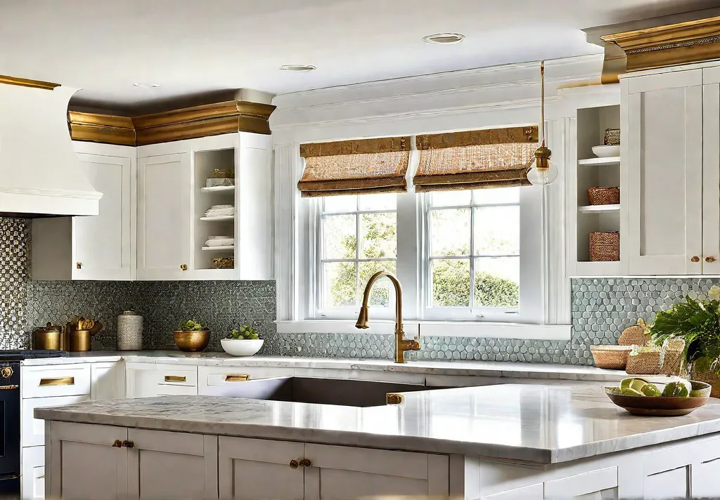 A modern kitchen bathed in warm natural light featuring white shaker cabinetsfeat