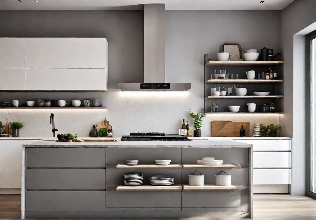A modern kitchen featuring a harmonious blend of open shelving and upperfeat
