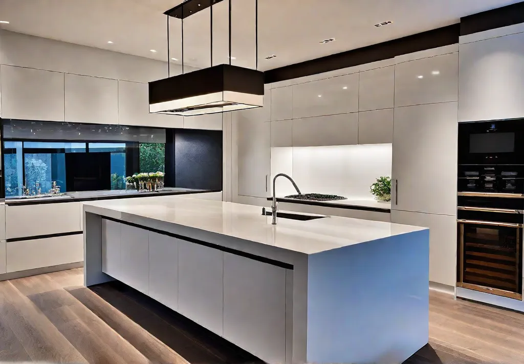A modern kitchen featuring a sleek kitchen island that seamlessly integrates intofeat