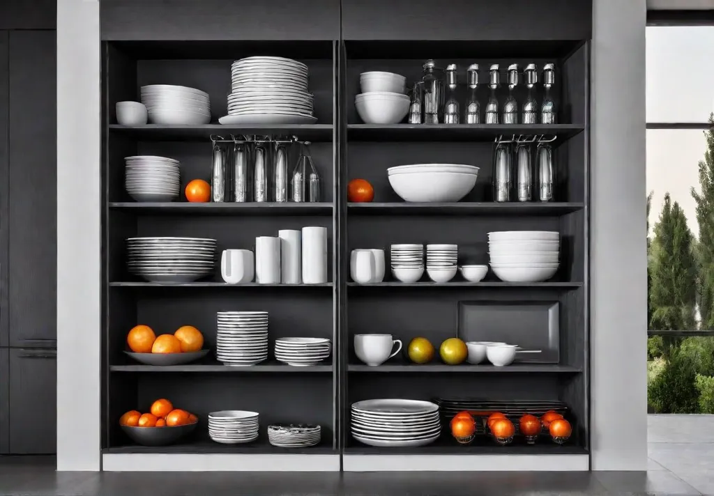 A modern kitchen featuring open shelving with neatly arranged dishes and decorativefeat