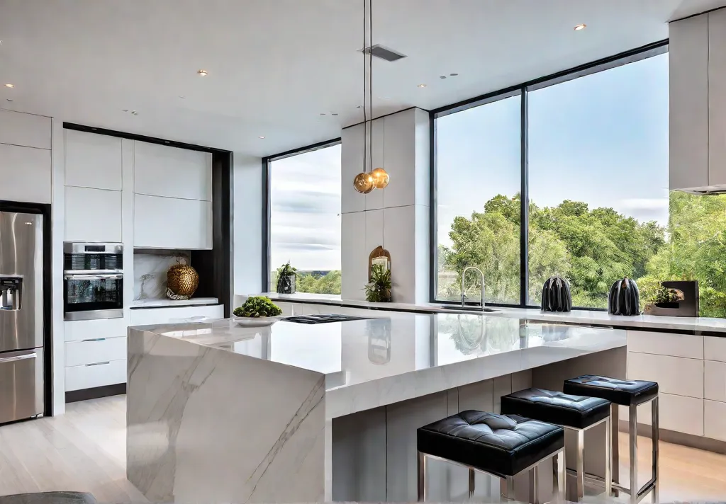 A modern kitchen featuring sleek white cabinets a waterfall quartz countertop withfeat