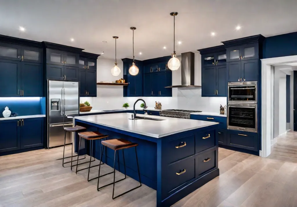 A modern kitchen featuring twotoned cabinets with deep navy blue lower cabinetsfeat