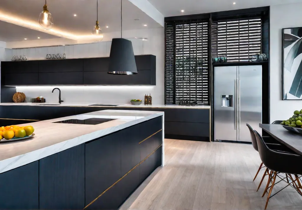 A modern kitchen seamlessly blends with the dining area with quartz countertopsfeat