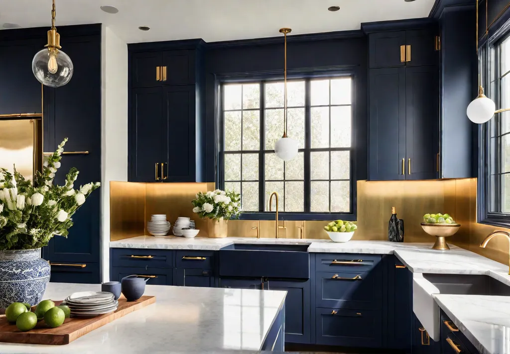 A modern kitchen with navy blue cabinets white countertops and brass hardwarefeat