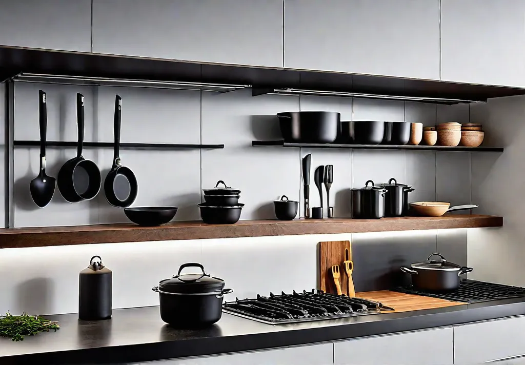 A modern kitchen with sleek cabinetry featuring wallmounted shelves showcasing stylish cookwarefeat