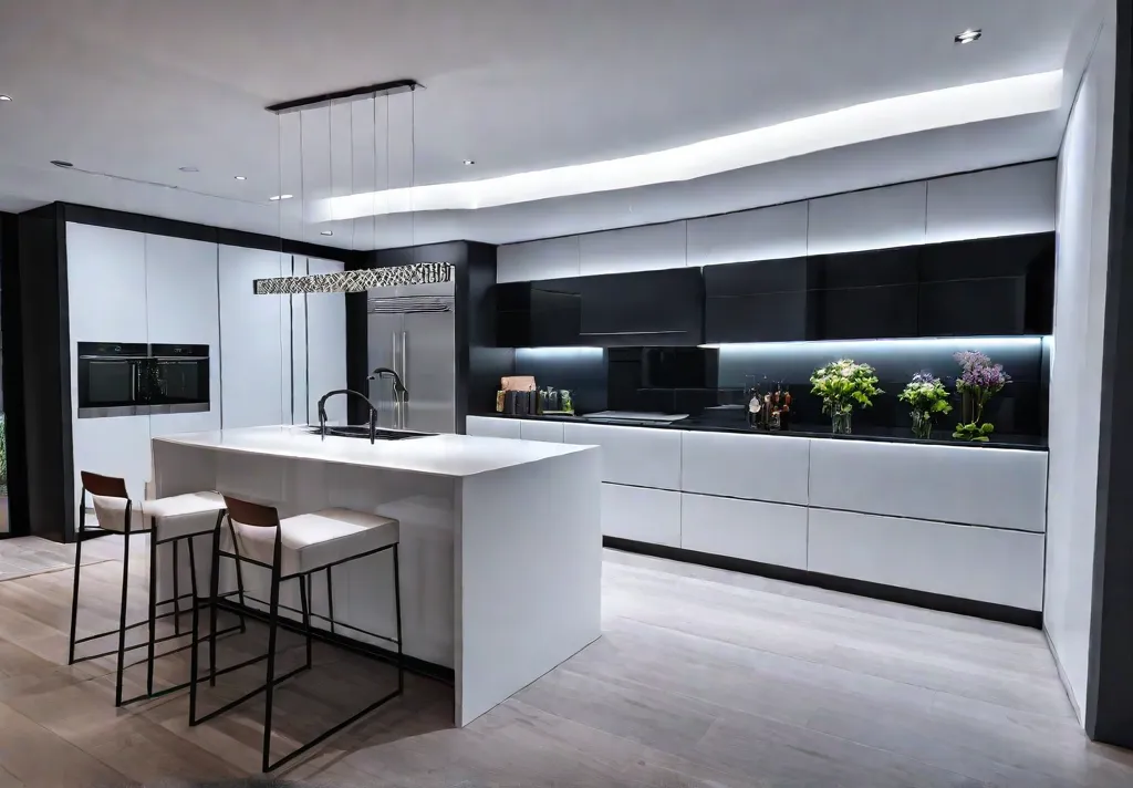 A modern kitchen with sleek stainless steel appliances integrated touch screen displaysfeat