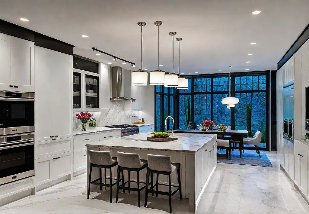A modern kitchen with sleek white cabinets a marble countertop and stainlessfeat