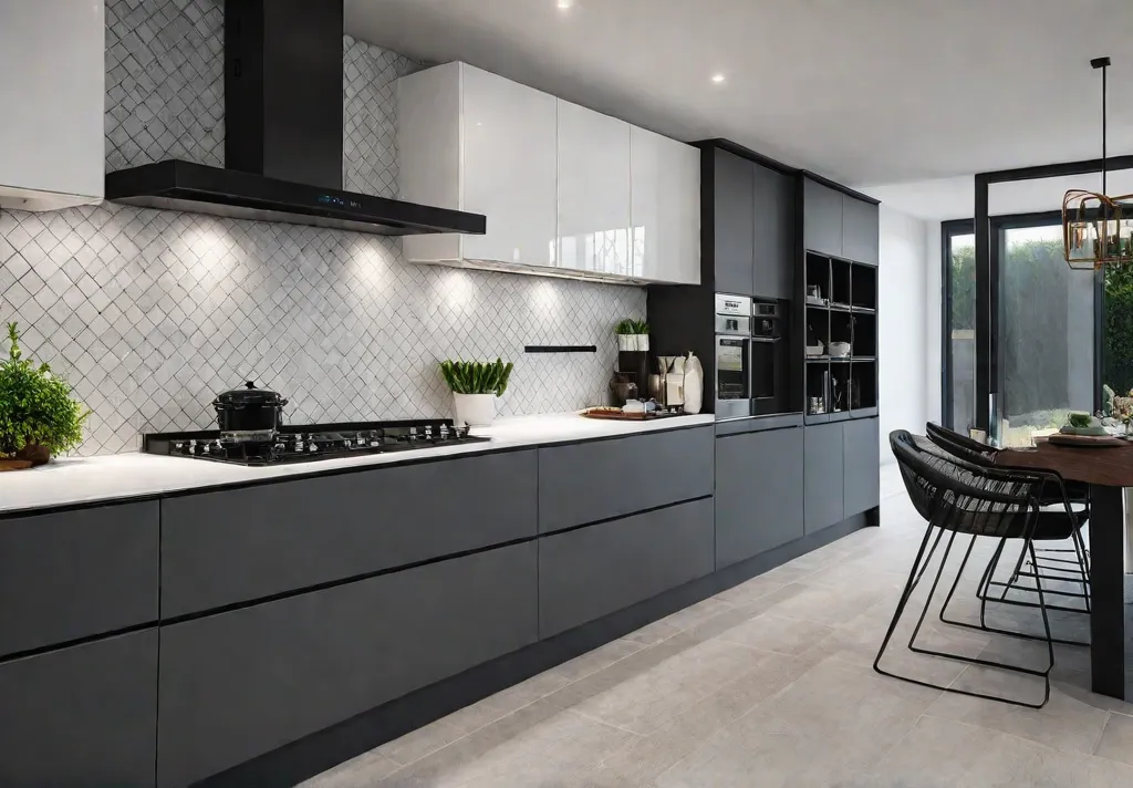 A modern kitchen with sleek white cabinets dark granite countertops and afeat