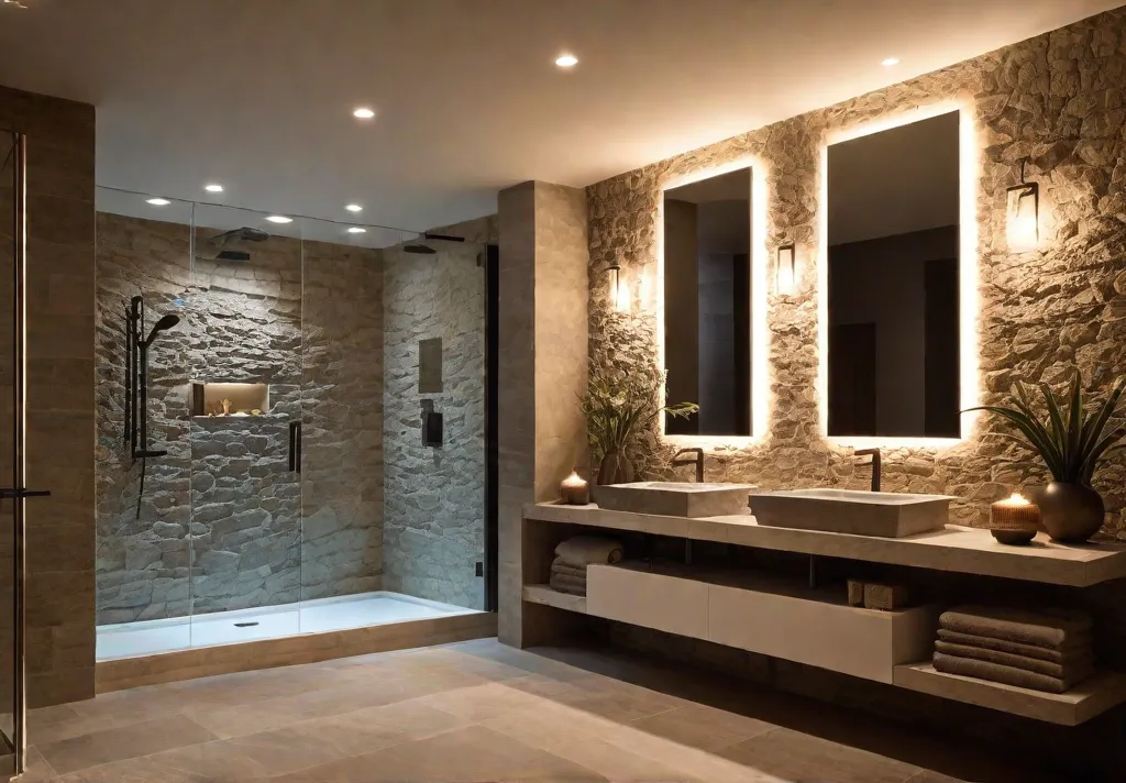 A serene bathroom retreat bathed in the warm glow of dimmable LEDfeat