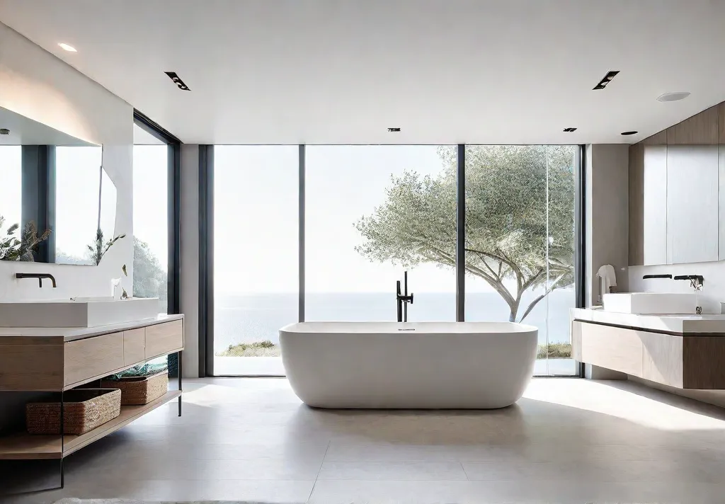 A serene minimalist bathroom bathed in soft natural light with clean whitefeat
